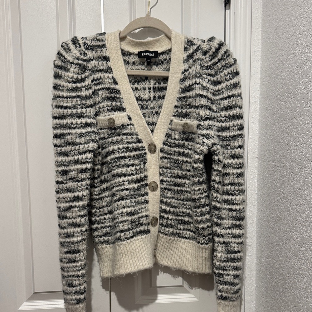 Express Women's Black and Cream Button-Up Cardigan